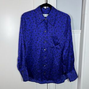 Equipment Quinne Silk Shirt Button Down clover print royal blue satin size xs